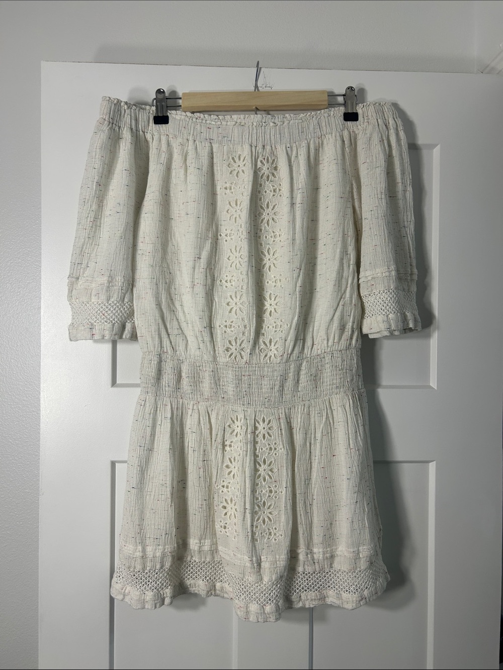 Tularosa Cream Off-Shoulder Eyelet Mini Dress